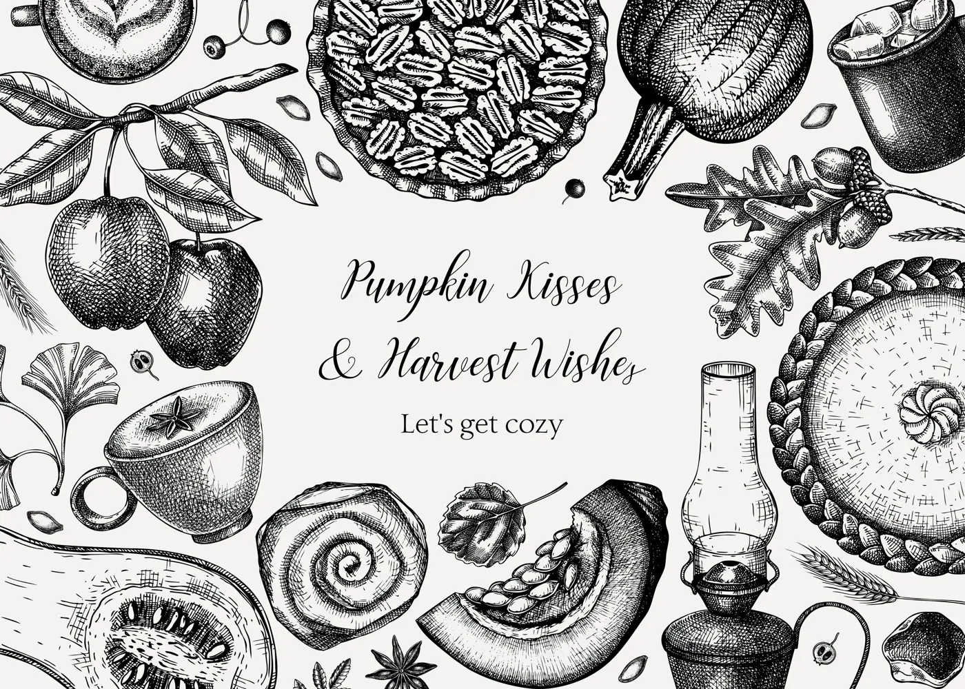 Vintage autumn frame design. Hand-drawn vector illustration. Pumpkin, hot drink, fruit, pie, pastry, fall leaves sketches. Thanksgiving background.            Illustration